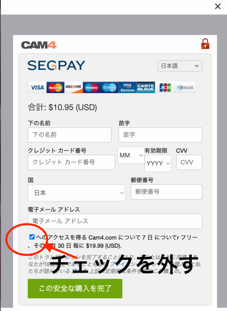 クレジットカード入力画面