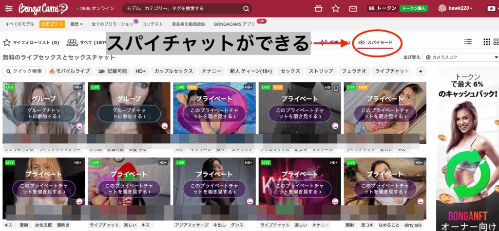 BongaCams（ボンガカムス）のユーザー画面