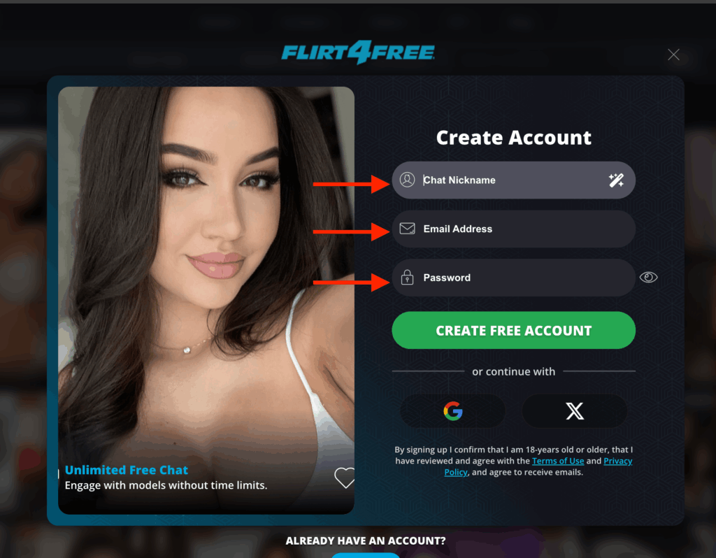Flirt4Freeのアカウント作成画面