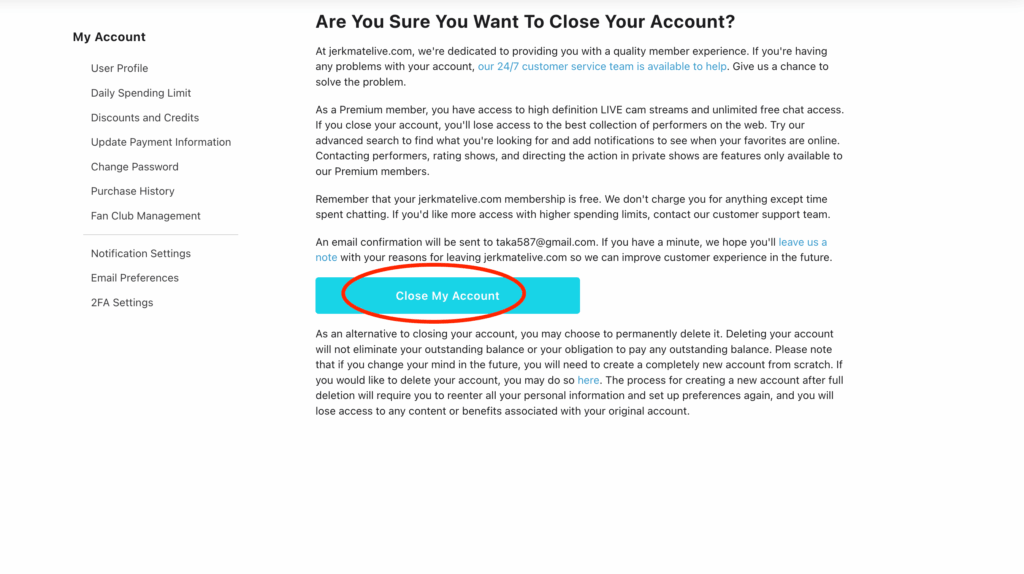 Close My Account選択画面