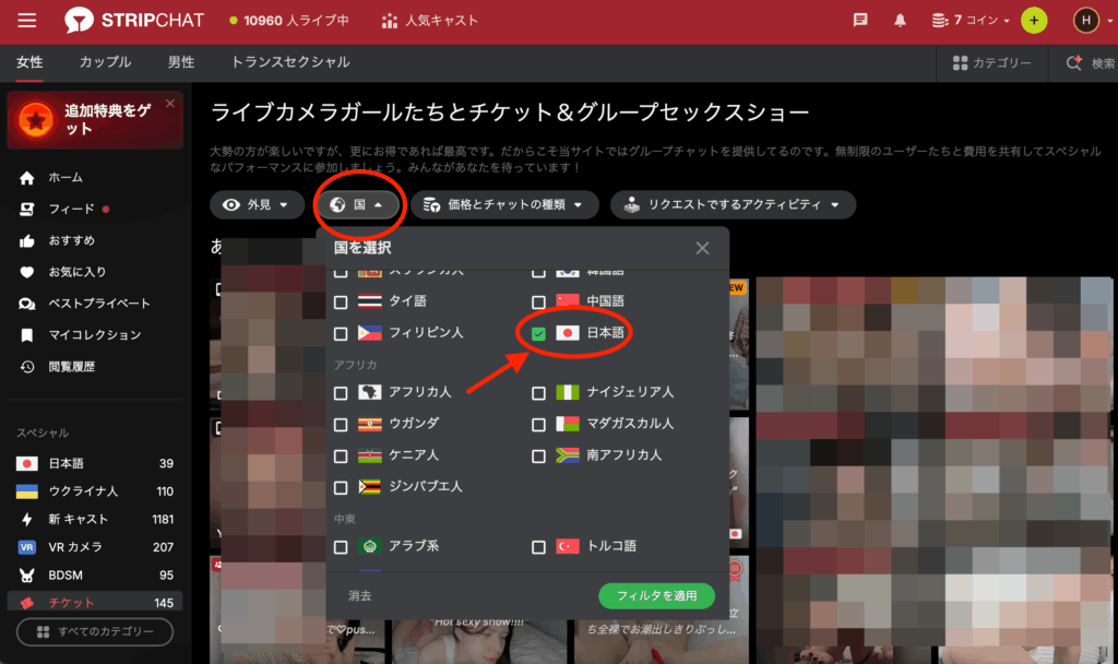 Stripchatのユーザー画面