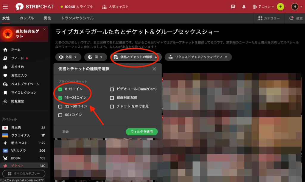 Stripchatのユーザー画面