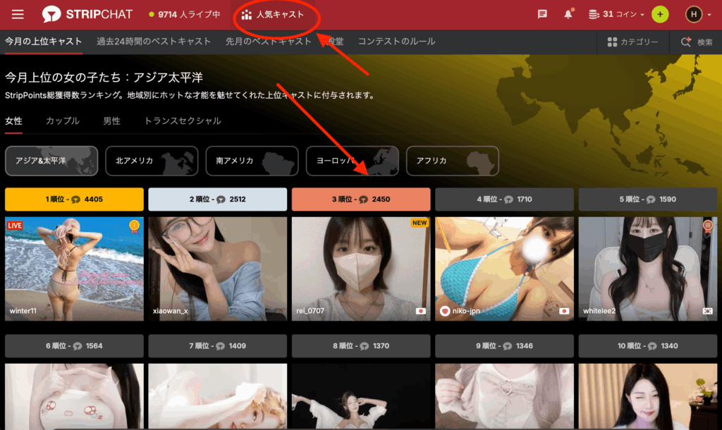 Stripchatの人気キャストランキング