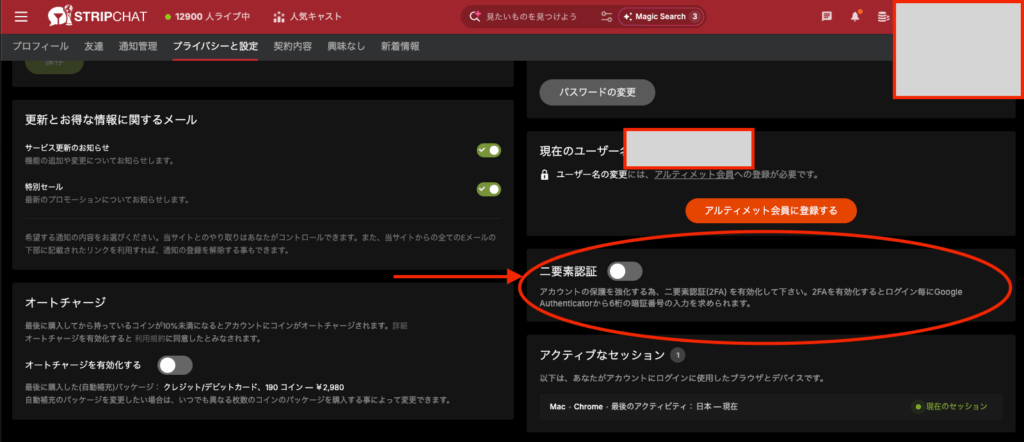 Stripchatのプライバシーと設定画面