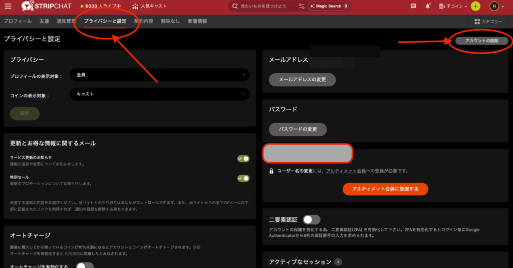 Stripchatのプライバシーと設定